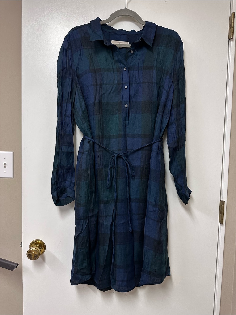 LOFT Navy and Green Plaid Tie-Waist Shirt Dress